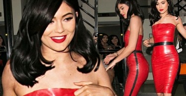 Kylie Jenner Follows Sister Kim’s Footsteps in a Strapless Latex Dress