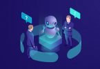 Artificial intelligence ai robot gives recommendation, human get automated response from chatbot, business consulting system, isometric vector neon