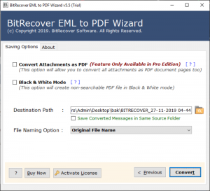 Browse destination for EML to PDF conversion