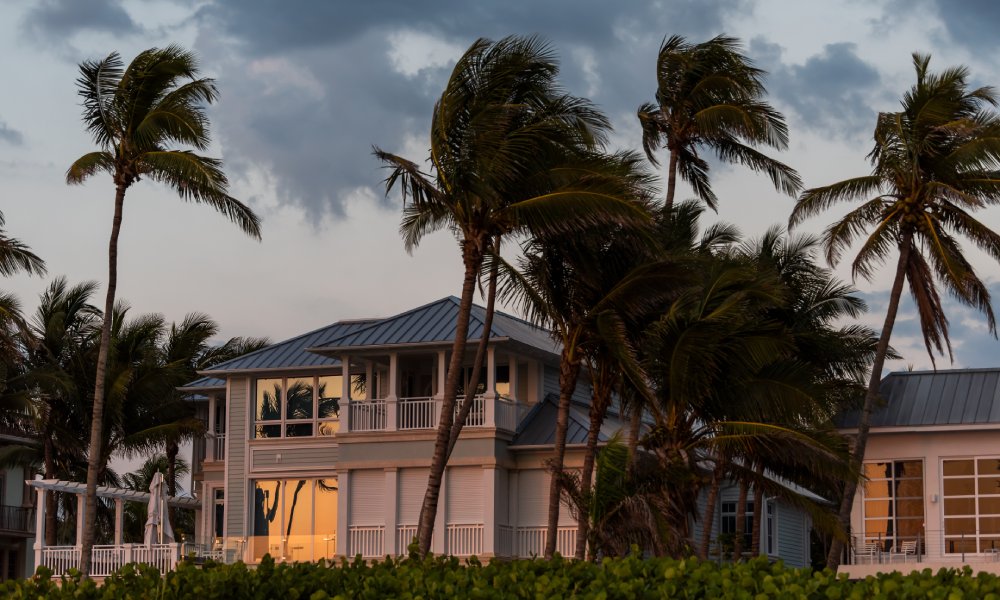 home surrounded by palm trees bending in the wind and stormy skies above.