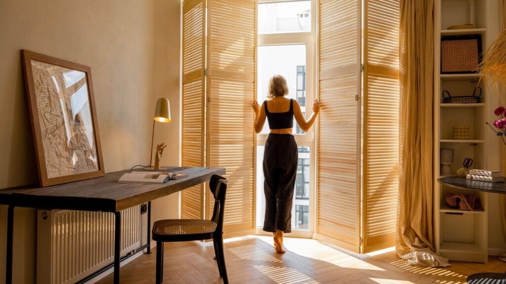 A woman opens wooden blinds in a sunlit room, set up as a cosy workspace.