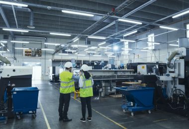 Two manufacturers, wearing neon yellow vests and white hard hats, stand in the middle of a manufacturing process.