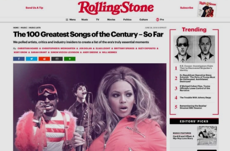 Rolling Stone magazine Website homepage covering music and politics