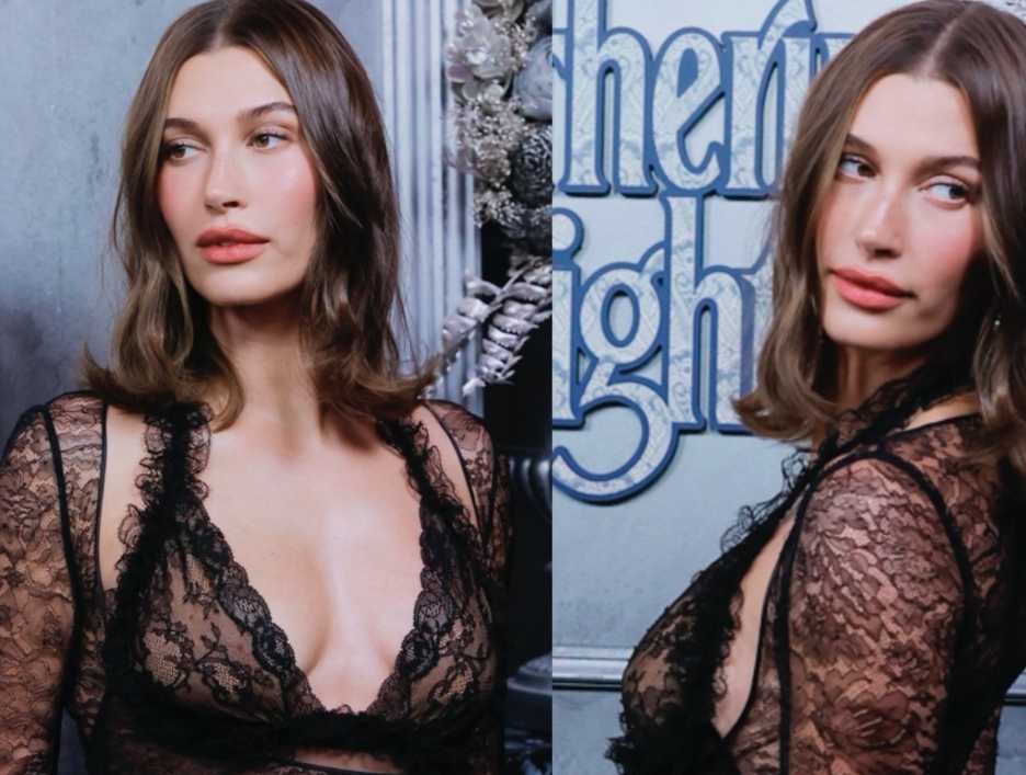 Hailey Bieber see through dress at Wuthering Heights premiere