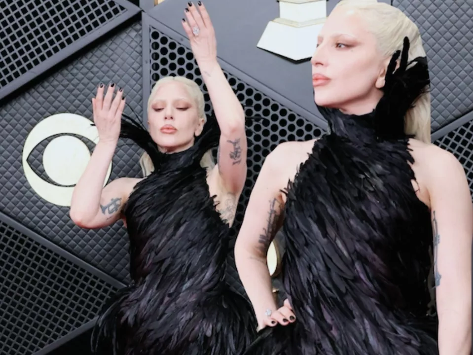 Lady Gaga dramatic black gown Grammys