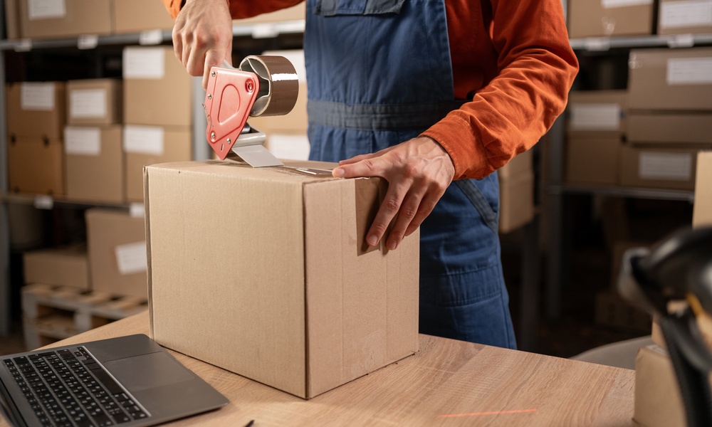 A person in an orange shirt and overalls holds a cardboard box in place on a table and tapes the top of the box.