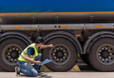 An inspector in a yellow safety vest holds a clipboard, kneels beside a blue tanker truck, and knocks on the middle tire.