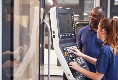 A man and a woman wearing navy blue Polo shirts are looking at the keypad and screen of a CNC machine.