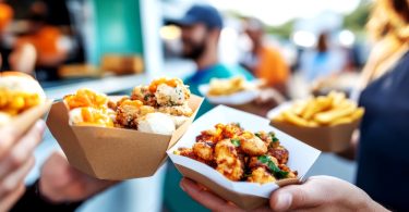 A close-up of two people holding cardboard containers of food in front of a blurred food truck and a crowd of people.