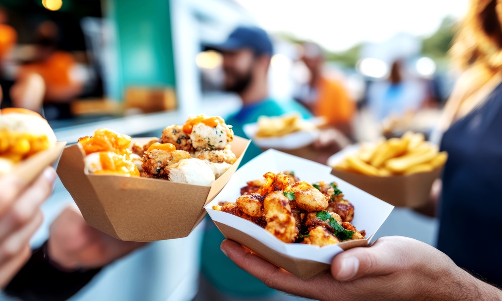 A close-up of two people holding cardboard containers of food in front of a blurred food truck and a crowd of people.