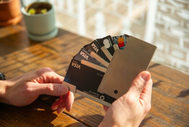 Slim minimalist wallet with credit cards and RFID protection