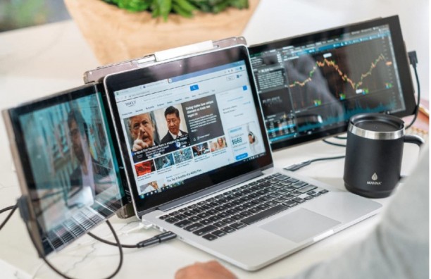 Digital nomad travel bag with laptop accessories and remote work essentials