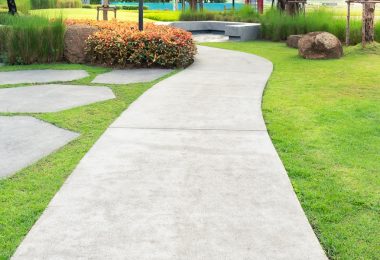 A freshly groomed sidewalk outside of a commercial property. The sidewalk is surrounded by green grass.