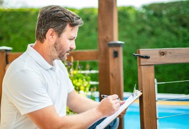 A person writing on a clipboard beside a wooden pool safety fence with blue water and greenery behind it.