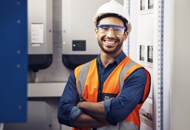 An electrician crossing their arms and smiling next to a wall full of electrical panels in a workplace.