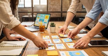Several people arranging colorful summer-themed mockups on a wooden table beside a laptop for a visual content strategy.