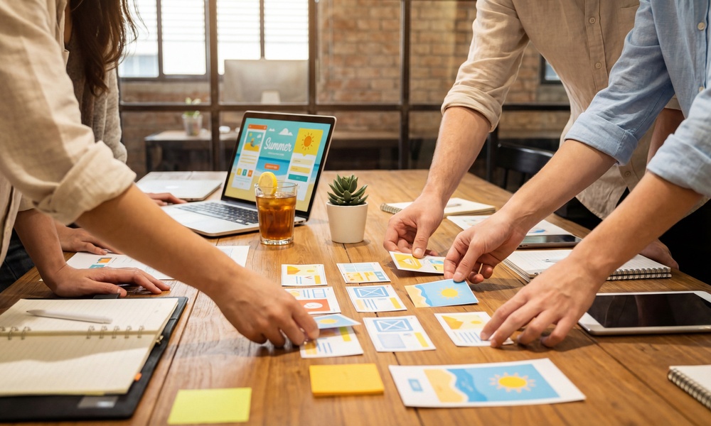 Several people arranging colorful summer-themed mockups on a wooden table beside a laptop for a visual content strategy.