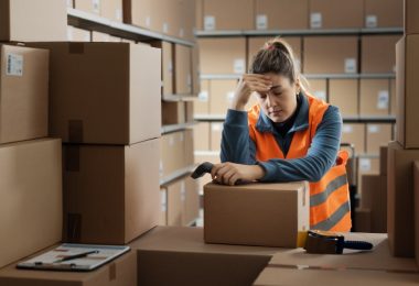 A person in a safety vest leaning on stacked cardboard boxes in a warehouse aisle, with one hand touching their head.