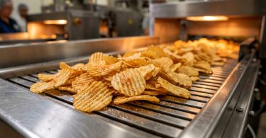 A close-up of a conveyor belt line with freshly cooked and seasoned potato chips in a food production facility.
