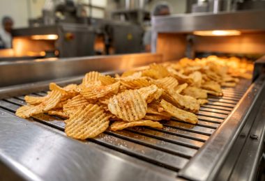 A close-up of a conveyor belt line with freshly cooked and seasoned potato chips in a food production facility.