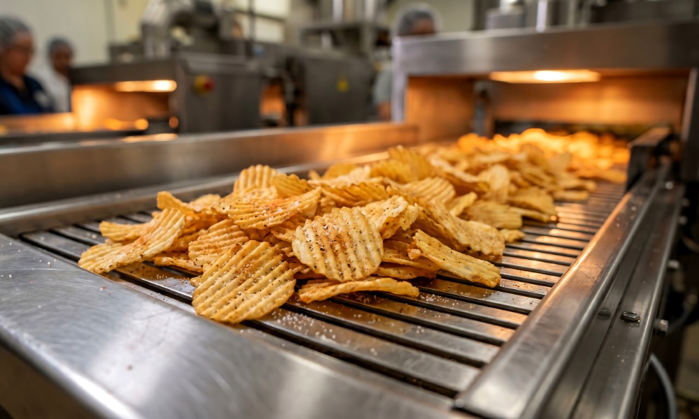 A close-up of a conveyor belt line with freshly cooked and seasoned potato chips in a food production facility.