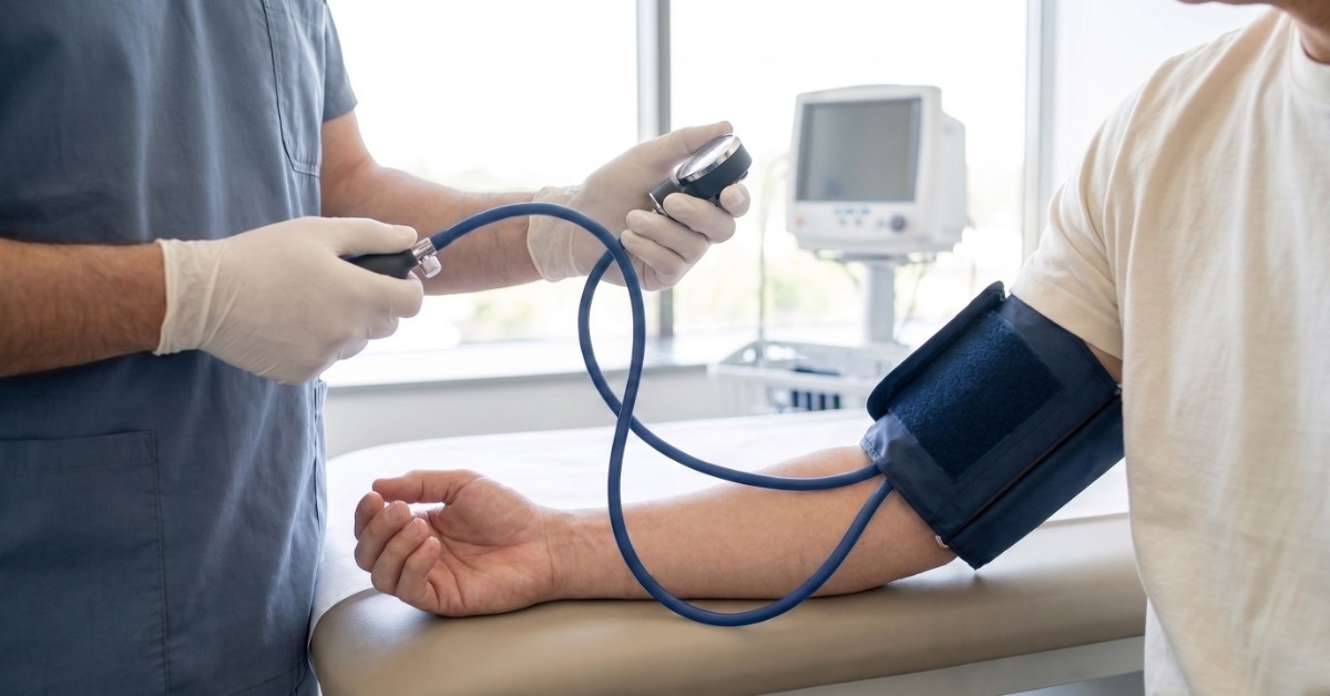 A healthcare professional wearing white latex gloves is taking the blood pressure of a male patient.