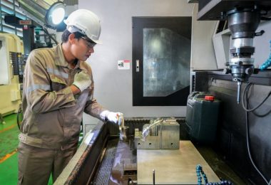 A man wearing a white hard hat and a tan jumpsuit uses a spotlight to look at the inside of a CNC machine.