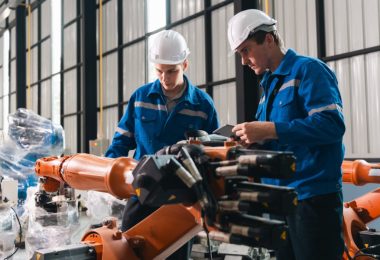 Two employees wearing hard hats inspect orange robotic arms in an industrial facility. One technician holds a tablet.