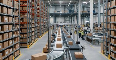 A warehouse with tall shelves of cardboard boxes, conveyor belts carrying packages, and workers in yellow safety vests.