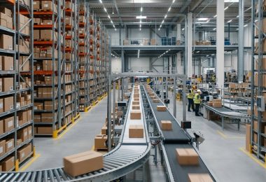 A warehouse with tall shelves of cardboard boxes, conveyor belts carrying packages, and workers in yellow safety vests.