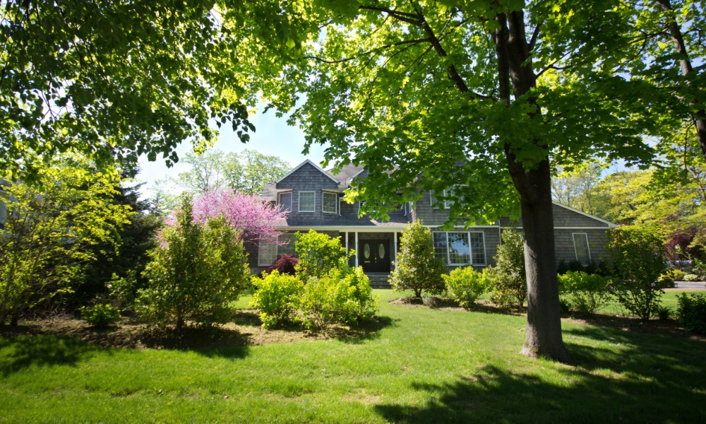 A residential property tucked behind young and mature trees in the yard. The house is two-story with gray siding.