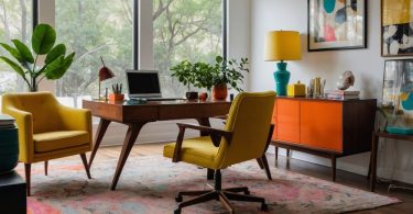 A modern home office with a desk in the middle over a colorful rug, two yellow chairs, artwork, and large windows.