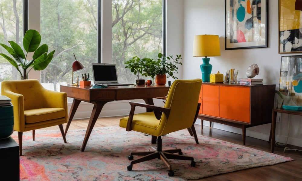A modern home office with a desk in the middle over a colorful rug, two yellow chairs, artwork, and large windows.