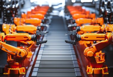 A view looking down the assembly line of a modern factory with the line flanked by numerous stationary robotic arms.