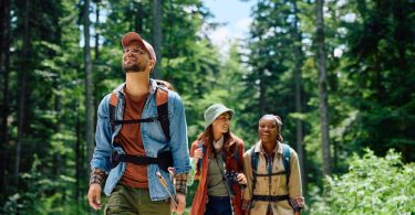 Three people hiking in the woods on a bright, sunny day. Two hikers wear hats while walking past tall trees.